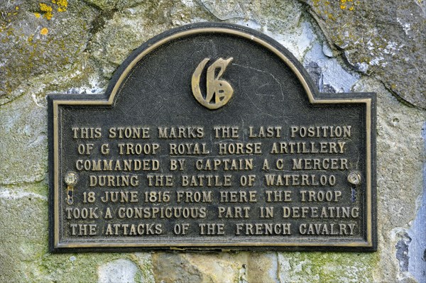 Commemoration stone near the Lion's Mound memorial monument of the 1815 Battle of Waterloo
