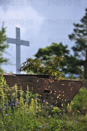 Bullet holes in iron turret from trench at the First World War battlefield Le Linge at Orbey