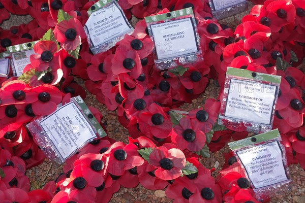 British poppy wreaths at First World War One monument at WWI battlefield of the Battle of the Somme