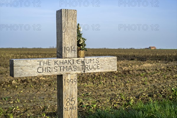 World War One Khaki Chums Cross monument to Christmas Truce football match played between English and German troops in the No Man s Land of Ploegsteert