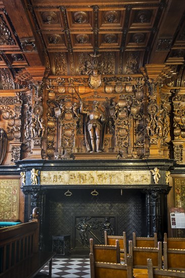 16th century fireplace and mantelpiece in Alderman's chamber at Brugse Vrije