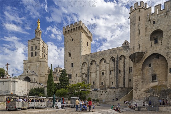 Tourists in sightseeing train in front of the Palais des Papes