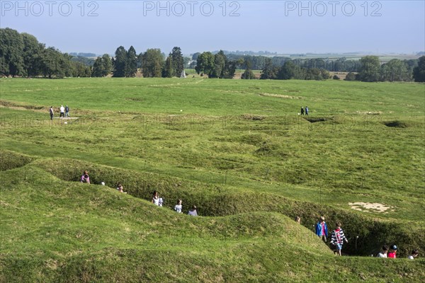 English school children visiting First World War One trenches of the Battle of the Somme at the Canadian Beaumont-Hamel Newfoundland Memorial