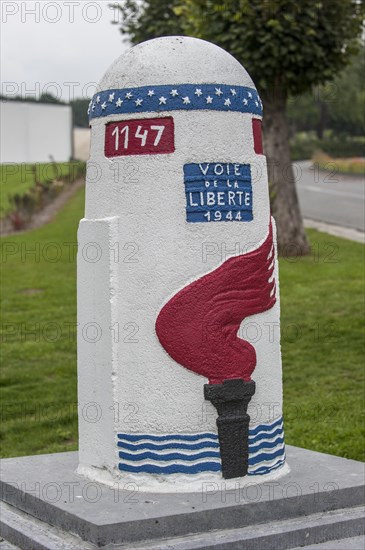 Last stone marker of the Route of Liberty near the World War Two Mardasson Monument at Bastogne in the Belgian Ardennes