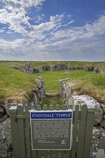 Entrance gate and information panel of Stanydale Temple