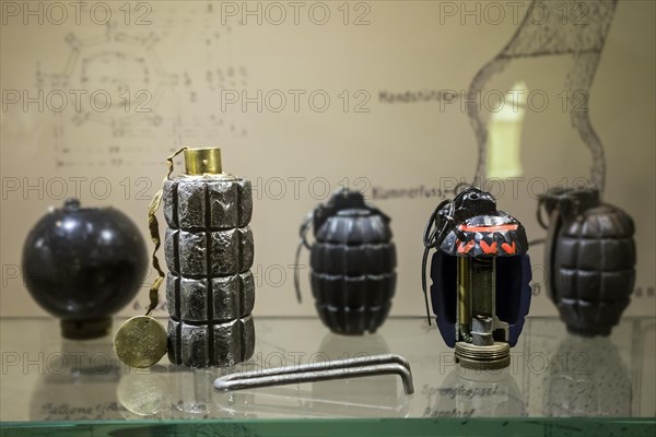 Collection of hand grenades of the First World War One in the Memorial Museum Passchendaele 1917 at Zonnebeke