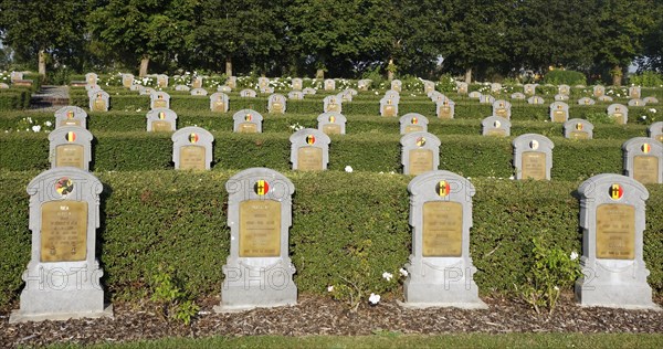 First World War One graves of fallen soldiers at the Belgian Military Cemetery at Ramskapelle