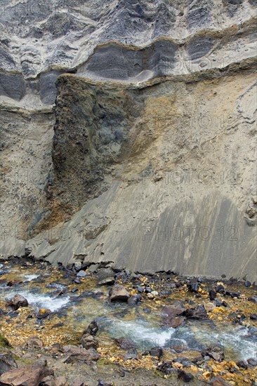 Pitchstone and copper exposed in the Graenagil canyon at Landmannalaugar in the Fjallabak Nature Reserve