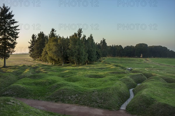 Preserved First World War One battlefield showing bomb caters and WWI trenches of the Battle of the Somme at the Canadian Beaumont-Hamel Newfoundland Memorial