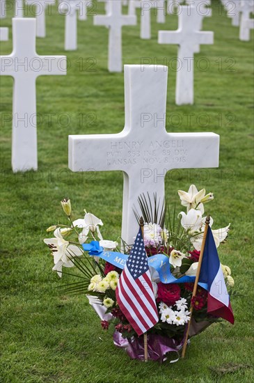 Flowers at grave of First World War One soldier at the Meuse-Argonne American Cemetery and Memorial