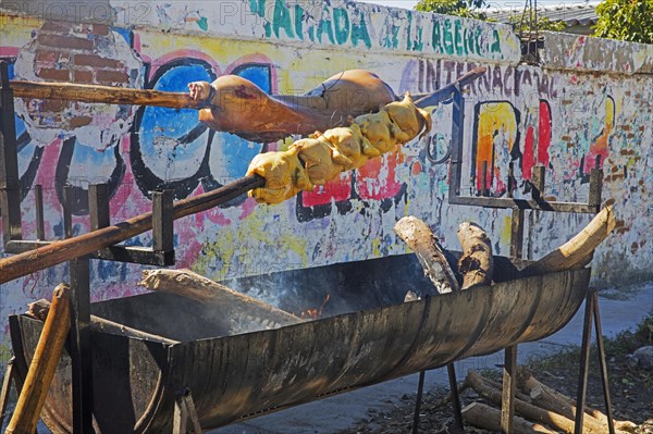 Pig and chickens roasting over barbecue at Puerto Escondido