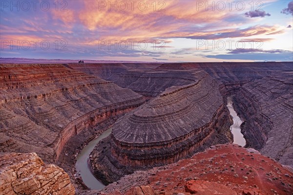 View over deep incised meander of the San Juan River in Goosenecks State Park at sunset