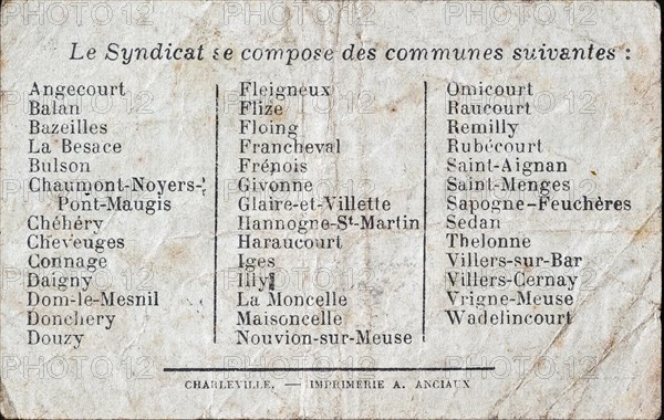 Back side of French banknote Bon de Un Franc from 1916 during the First World War One offered by the Syndicat Ardennais de Ravitaillement pour la Region de Sedan