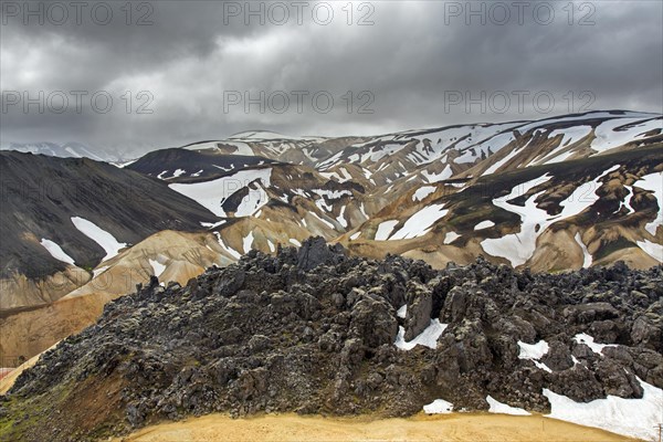 Rhyolite lava and sulphur coloured mountains at Brennisteinsalda volcano near Landmannalaugar