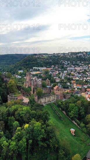 Aerial view of Wertheim am Main with a view of the castle. Wertheim