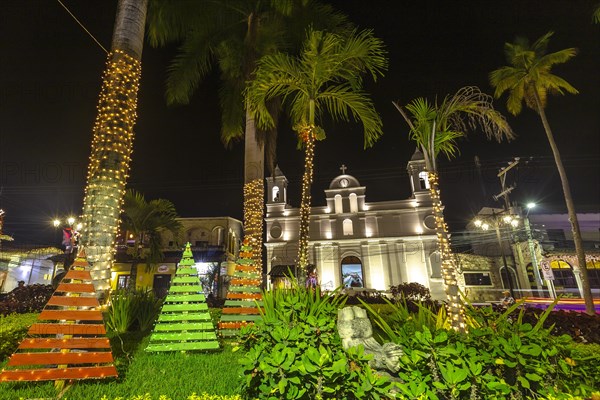 The beautiful church at night from Copan Ruinas from the square. Honduras