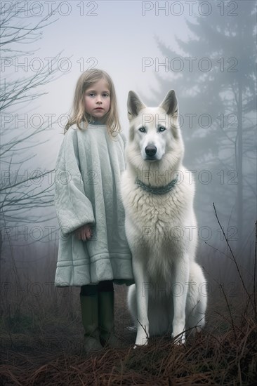 Pretty six years old girl with a green dress standing near a huge Swiss White Shepherd dog sitting in an autumnal foggy forest