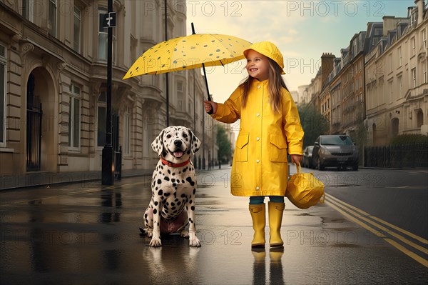 Three years old girl wearing a yellow raincoat and umbrella standing near a dalmatian dog in an urban environment