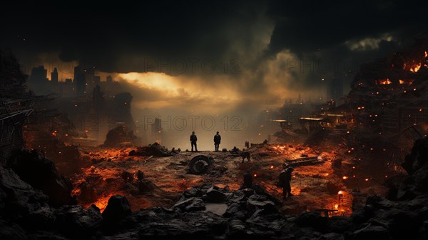 Soldiers surveying the landscape amidst explosions in a war torn city. generative AI