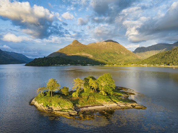 Aerial view of the western part of Loch Leven with the historic Isle of Discussion