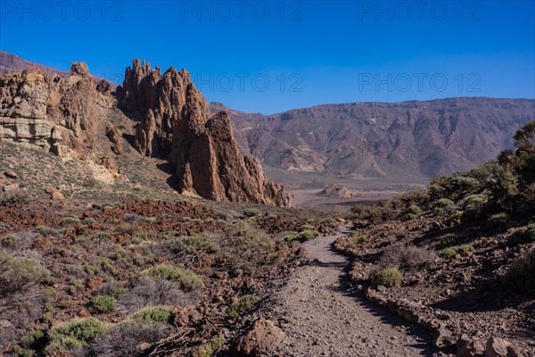 Lower area of the trekking on the path between Roques de Gracia and Roque Cinchado in the natural area of Mount Teide in Tenerife