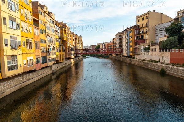 Girona medieval city from the famous red bridge Pont de les Peixateries Velles