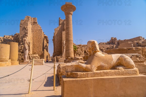 Sculpture of the pharaoh with the body of a lion inside the temple of Karnak