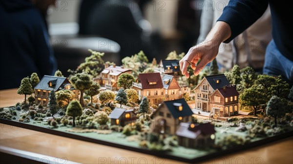 Architect working on A small scale model of a housing developement design on the table in A real estate office. generative AI