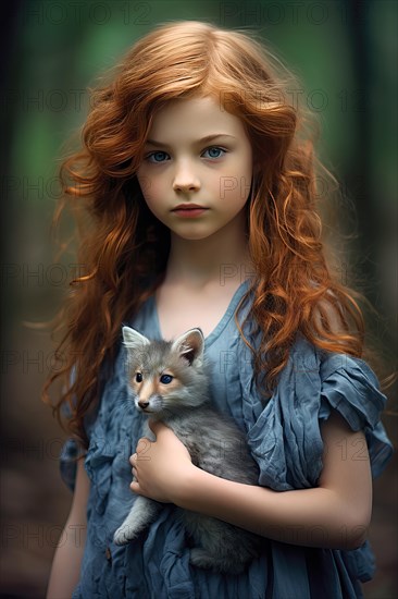 Pretty young girl with long red hair and a blue dress holding a red fox pet in her arms