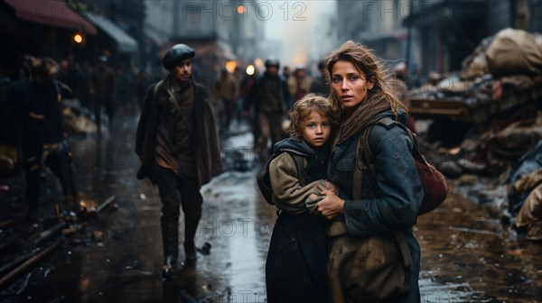 Frightened mother and young child daughter running in the streets of their war ravaged city. generative AI