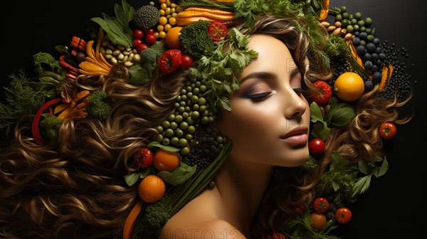 Headshot portrait of healthy woman surrounded by and partially made of fruits and vegetables