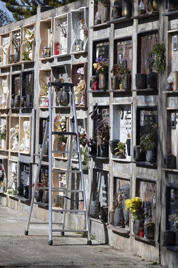 Wall with graves and ladder with wheels in a cemetery