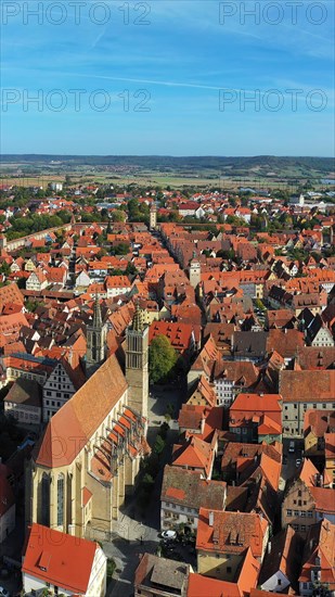 Aerial view of Rothenburg ob der Tauber with a view of the historic old town. Rothenburg ob der Tauber