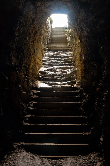 Stairs to the bunker in the basement at the Fort des Capucins a rocky islet located in the Atlantic Ocean at the foot of the cliff in the town of Roscanvel on the Crozon peninsula in France