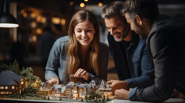 Real estate agent discussing with a young adult couple A new housing development model on the table in front of them. generative AI