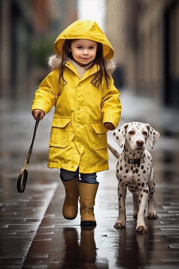 Eight years old girl wearing a yellow raincoat and hat walking in a street side by side with a Dalmatian dog