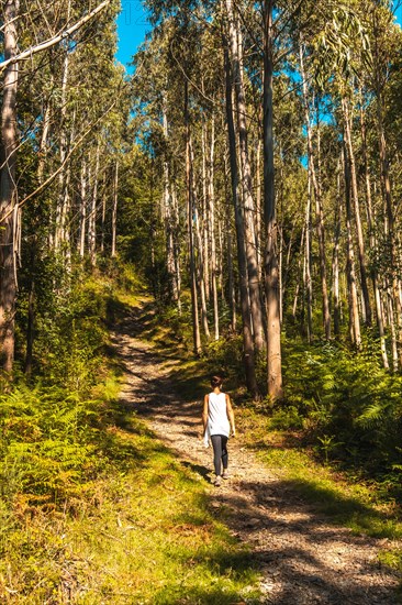 A young woman in a white T-shirt happily strolling in the Listorreta Natural Park in the town of Errenteria in the Penas de Aya or Aiako Harria Park. Gipuzkoa