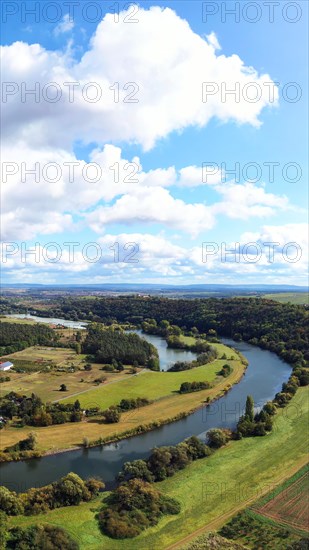 The Mainschleife near Volkach winds through the valley and is surrounded by fields and vineyards. Volkach