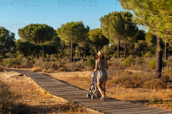 Mother with son walking along the wooden walkway through the Donana Natural Park