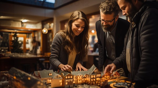 Real estate agent discussing with a young adult couple A new housing development model on the table in front of them. generative AI