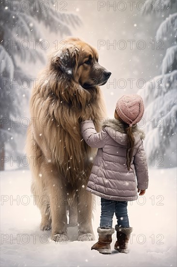 Three years old little girl wearing winter coat petting a huge Leonberger in a snowy forest environment with the dog looking down at the girl