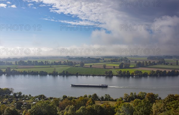 Cargo ship in the morning mist on the Danube near Regensburg