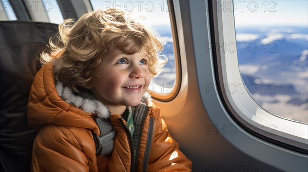 Young boy child enjoying an airplane flight. generative AI