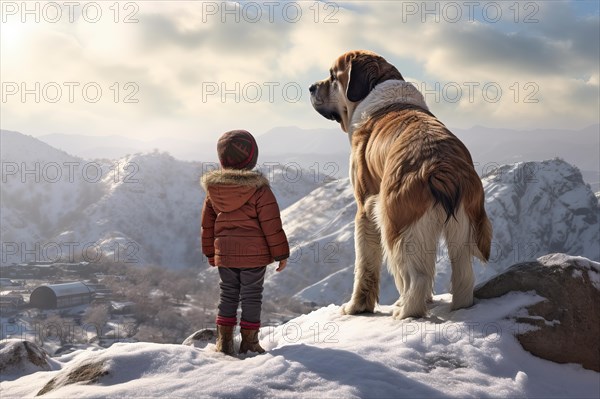 Three years old little girl wearing winter coat standing near a huge Serra da Estrela dog on a snowy mountain top