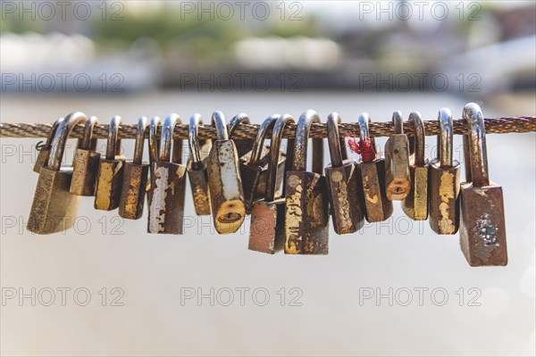 Old rusty padlocks hanging on bridge railing