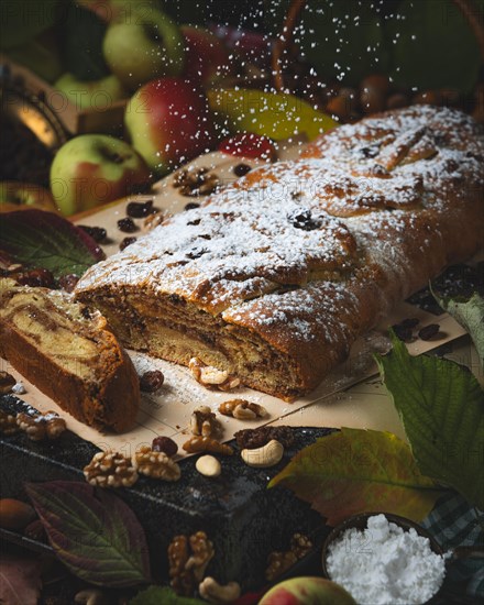 Dusting sugar falls on nut strudel in autumn atmosphere