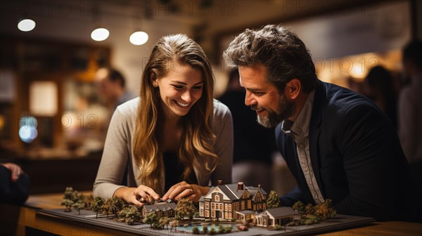 Young adult couple discussing A new housing development model on the table in front of them. generative AI