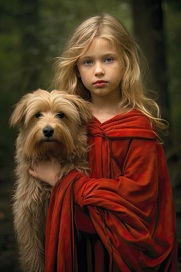 Pretty eight years old girl with long blond hair and red dress holding a Labradoodle in her arms