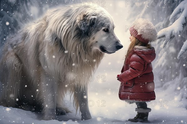 Three years old little girl wearing winter coat standing near a huge Russian Wolfhound in a snowy forest environment with the dog looking down at the girl