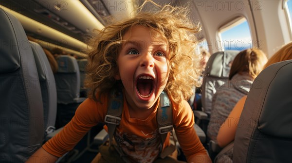 Irate child causing mayhem on an airplane bothering everyone on board. generative AI